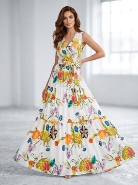 1310. CIVICO 51 Made in Italy maxi Vneck sleeveless dress Sz S NWT